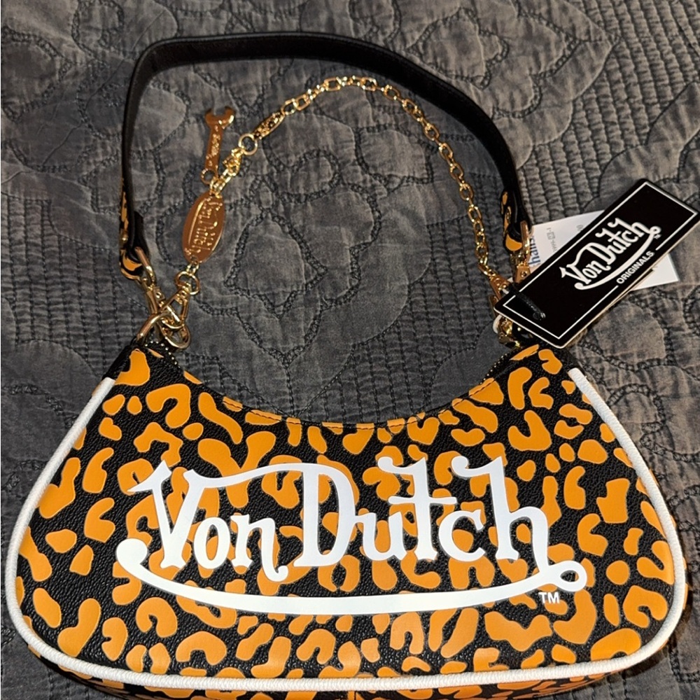 Von Dutch Leopard Print Shoulder Bag in Orange and Black